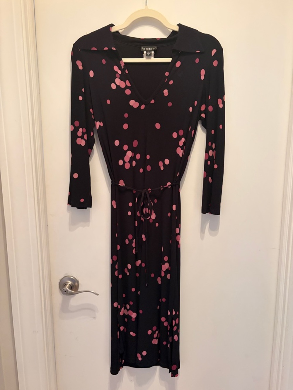 bebe Black Dress with Pink Dot Print - Long Sleeve V-Neck Tie Waist, side slits